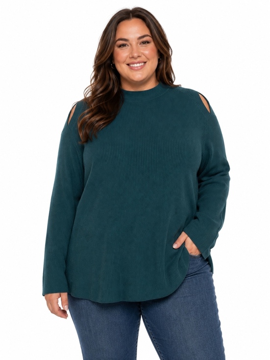 Lane Bryant Sweaters - Lane Bryant Dark Teal Ribbed Cold Shoulder Mock Neck Sweater Size 22/24 Fall